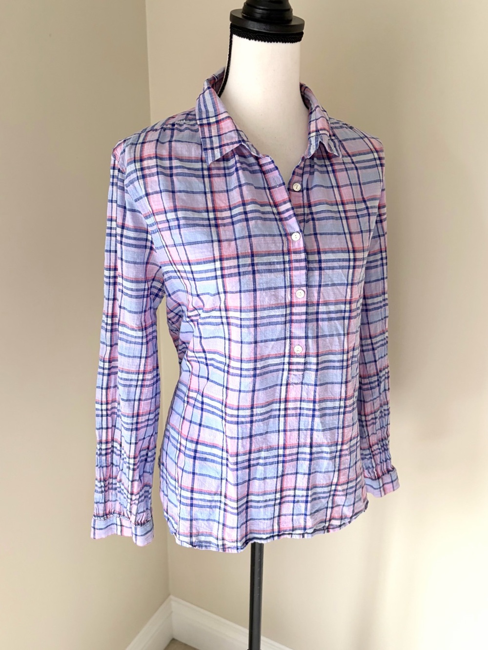 J.Crew Plaid Cotton Popover Shirt Blouse Pink Blue Size 12 - Picture 5 of 8